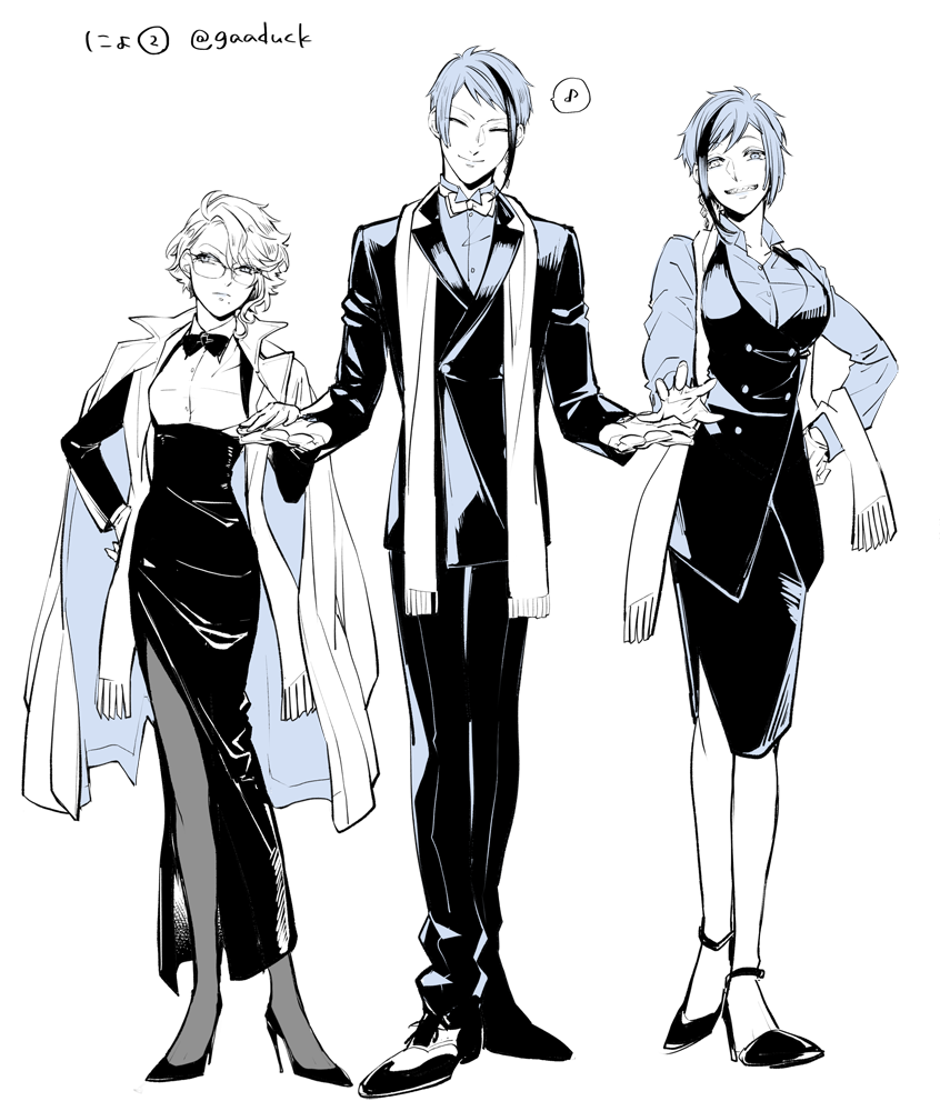1boy, 2girls, ^_^, azul_ashengrotto, bow, bowtie, breasts, brother_and_sister