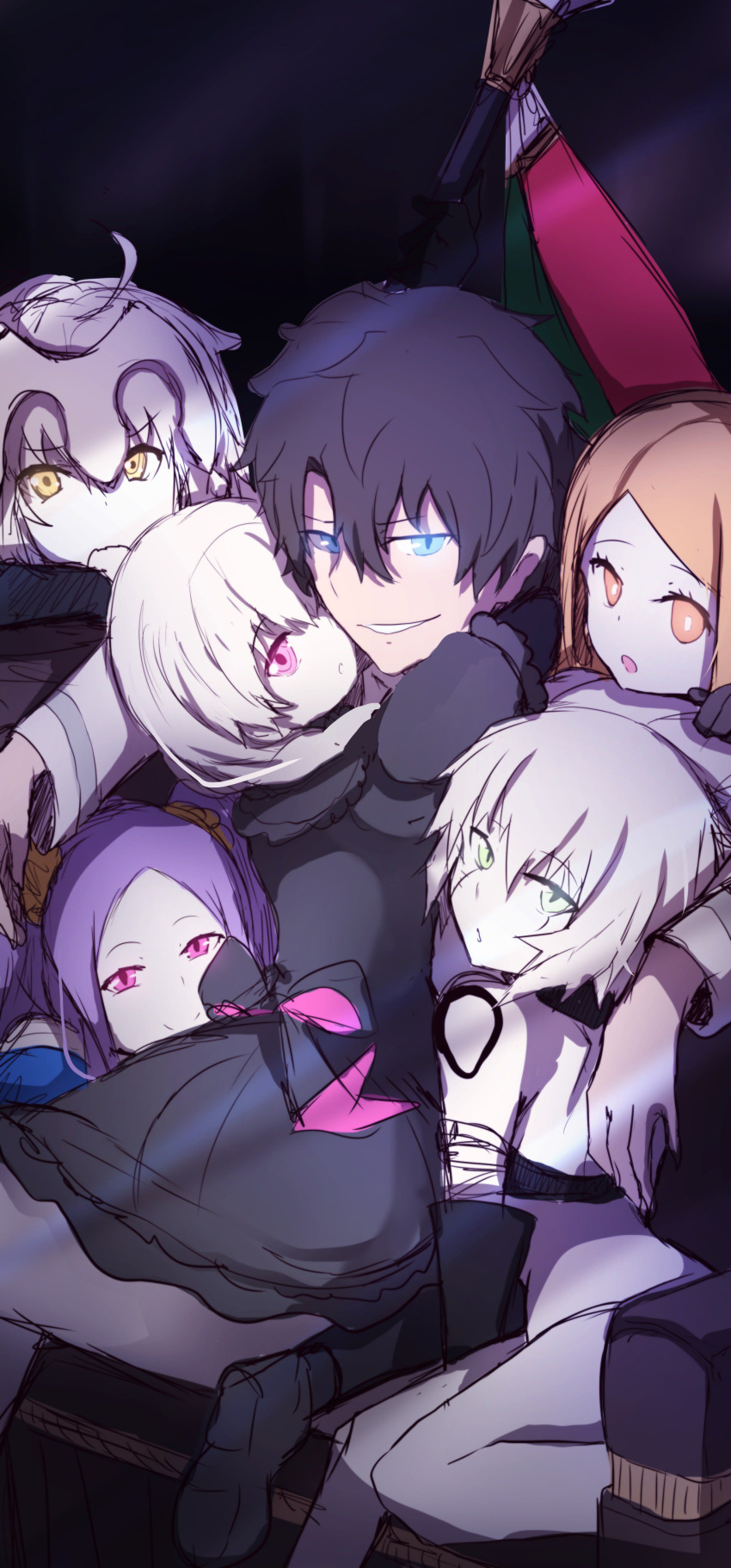 1boy, 5girls, absurdres, bad_id, bad_pixiv_id, black_hair, blue_eyes, fate/grand_order