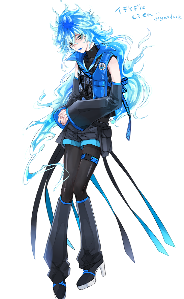 1girl, adapted_costume, bags_under_eyes, bangs, bare_shoulders, black_legwear, black_shorts, blue_hair