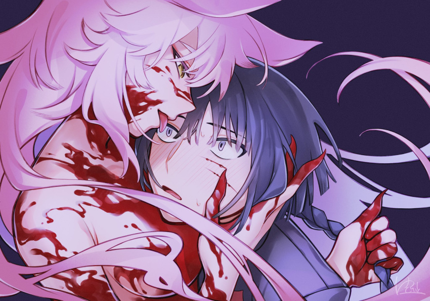1boy, 1girl, animal_ears, bangs, bare_shoulders, black_hair, blood, blood_on_arm