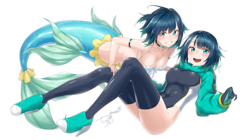 2girls, ahoge, bangs, bare_shoulders, bikini, bikini_top_only, black_gloves, black_legwear