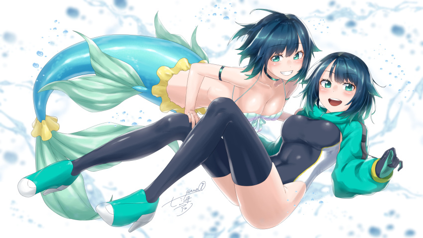 2girls, ahoge, bangs, bare_shoulders, bikini, bikini_top_only, black_gloves, black_legwear