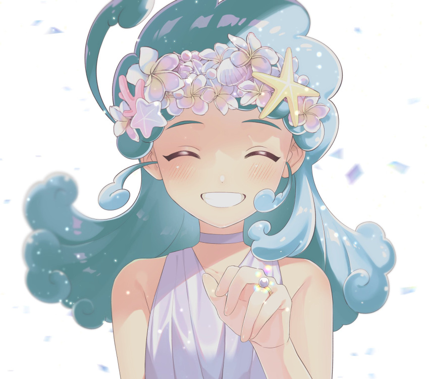 1girl, bare_shoulders, breasts, closed_eyes, commentary_request, dark-skinned_female, dark_skin, flower