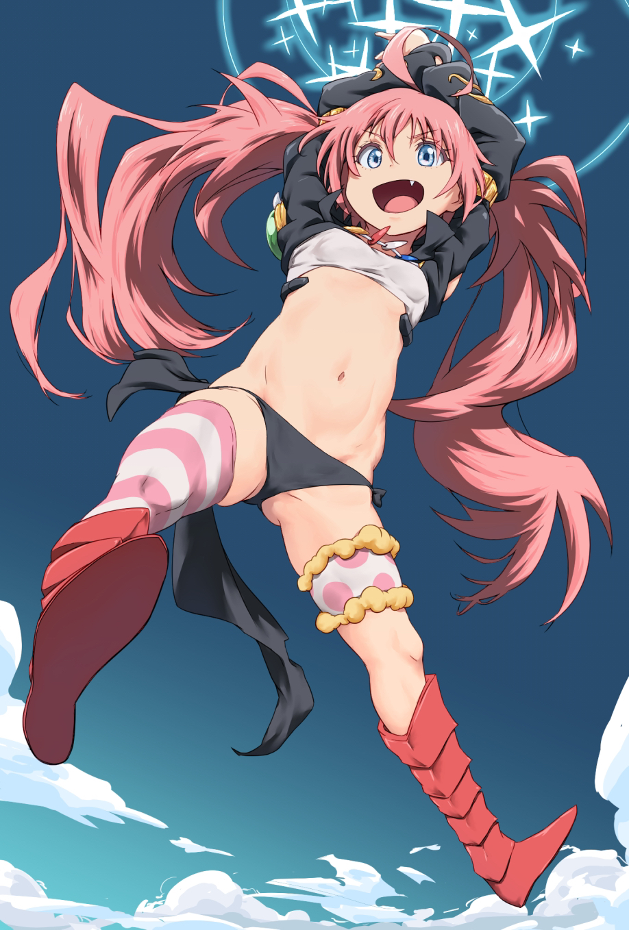 1girl, ahoge, aoi_nori_(aoicoblue), bangs, black_panties, blue_eyes, blue_sky, breasts