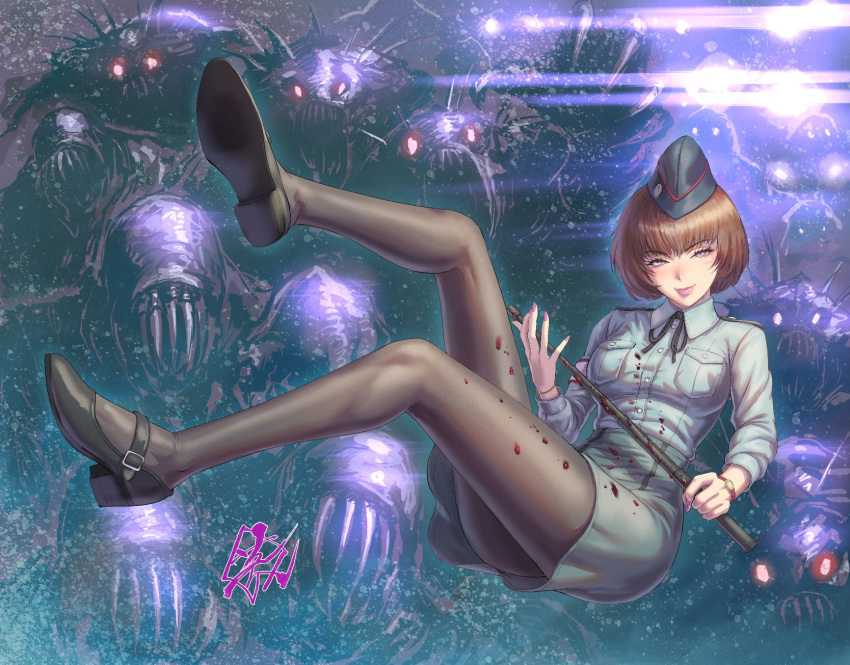 1girl, bangs, baton_(weapon), black_footwear, blood, bob_cut, bracelet, breast_pocket, breasts, brown_eyes, brown_hair, buttons, closed_mouth, commentary_request, commission, fingernails, fujii_eishun, full_body, garrison_cap, glowing, glowing_eyes, hat, highres, holding, holding_weapon, jessica_sherawat, jewelry, lips, long_sleeves, looking_at_viewer, medium_breasts, nail_polish, ooze_(resident_evil), pantyhose, pocket, resident_evil, resident_evil_revelations, shiny, shiny_hair, shirt, shoes, short_hair, simple_background, skeb_commission, skirt, smile, uniform, watch, watch, weapon