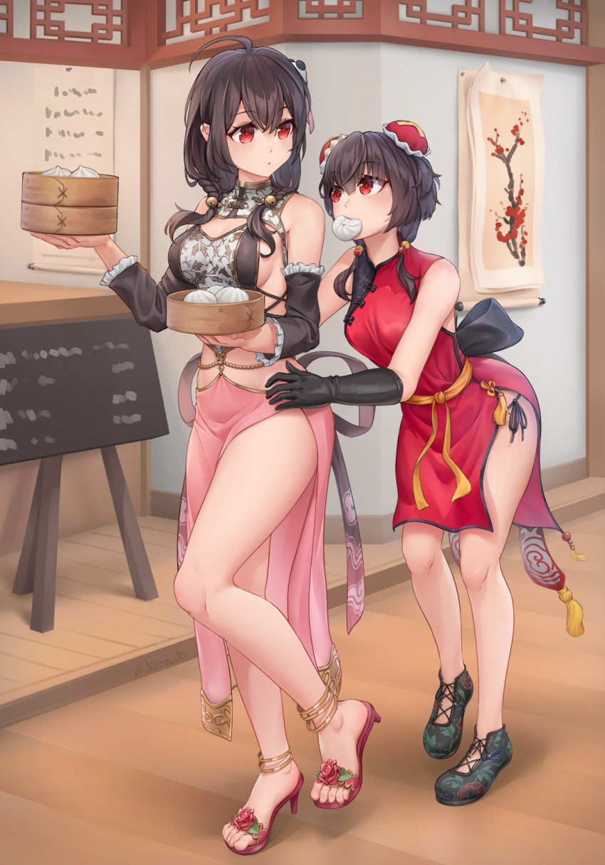 2girls, ahoge, alternate_costume, anklet, bangs, baozi, bare_legs, bare_shoulders