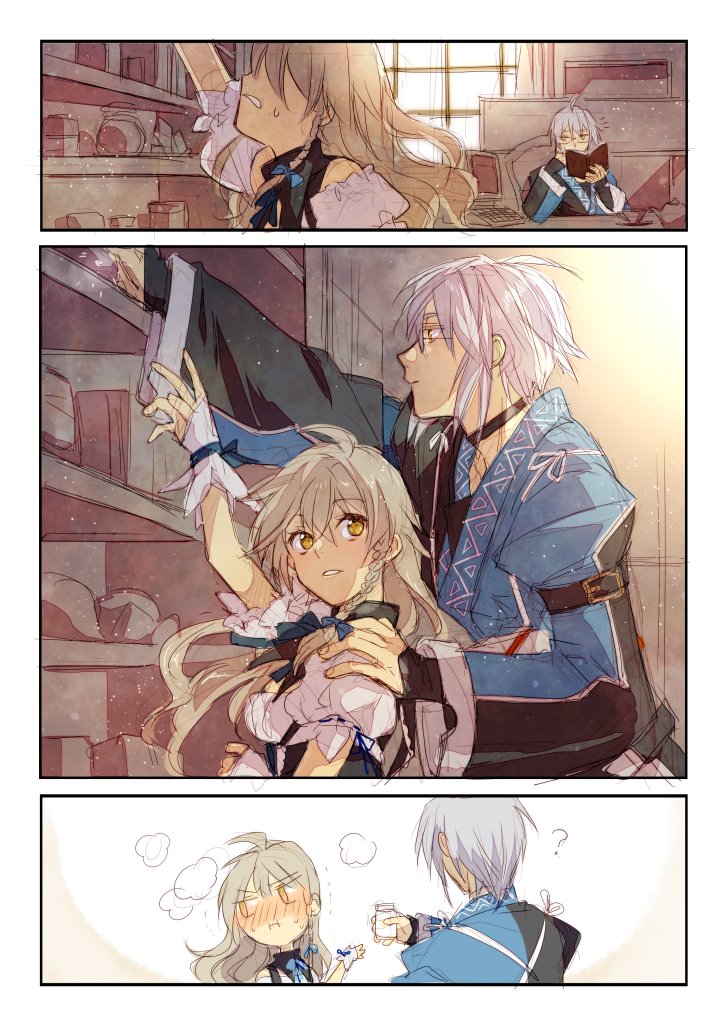 1boy, 1girl, bangs, black_dress, blonde_hair, blue_bow, blush, book