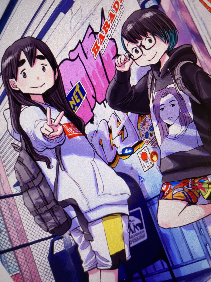 2girls, asano_inio, backpack, bag, bangs, black_hair, dead_dead_demons_de_dedede_destruction, glasses