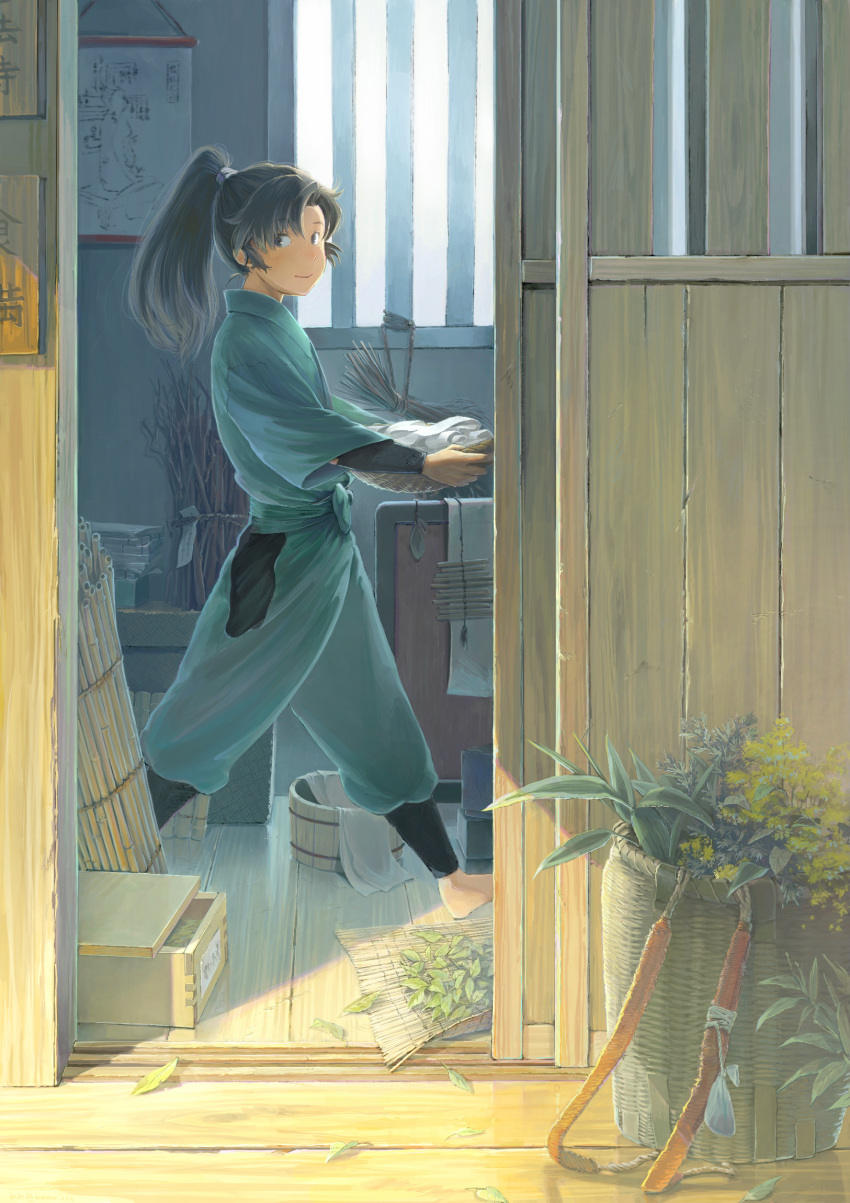 1boy, architecture, arm_guards, bamboo_screen, basket, black_hair, book, book_stack, bucket, day, drying, east_asian_architecture, from_outside, from_side, herb, highres, holding, japanese_clothes, leaf, long_hair, long_sleeves, looking_at_viewer, looking_to_the_side, male_focus, mememe225, open_door, pants, picture_(object), ponytail, rakudai_ninja_rantarou, shin_guards, sidelocks, sliding_doors, smile, solo, towel, walking, window, wooden_bucket, wooden_floor, zenpouji_isaku
