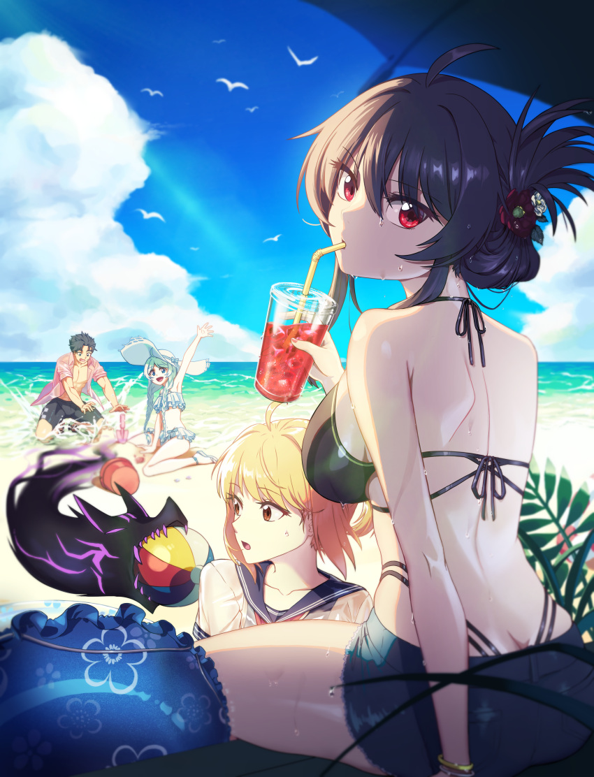 1boy, 3girls, absurdres, back, bangs, bare_shoulders, beach, bikini