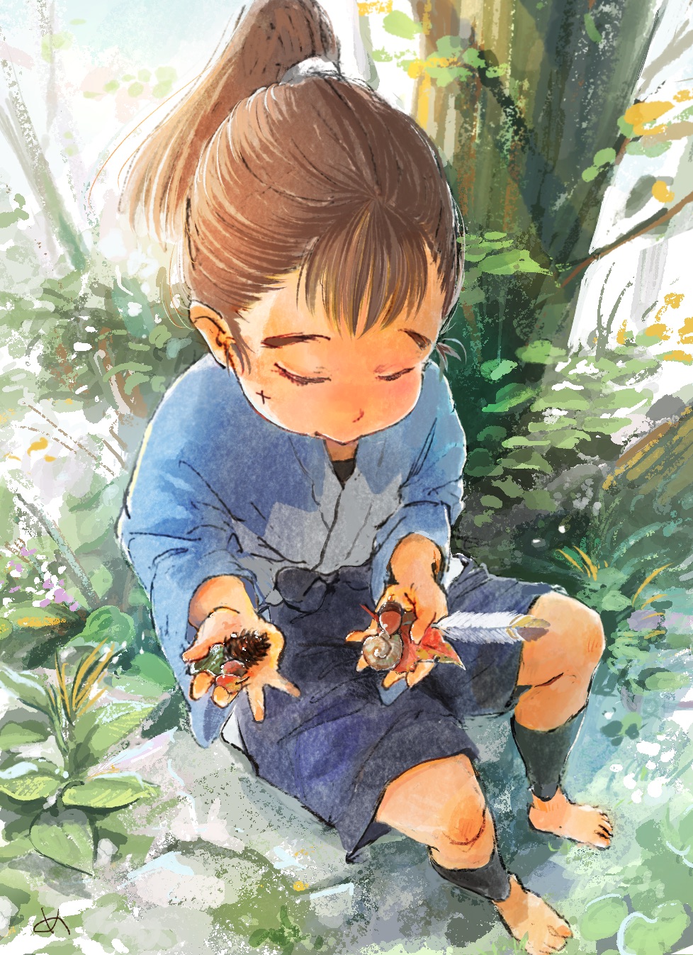 1boy, autumn_leaves, bangs, barefoot, brown_hair, child, closed_eyes, cross_scar
