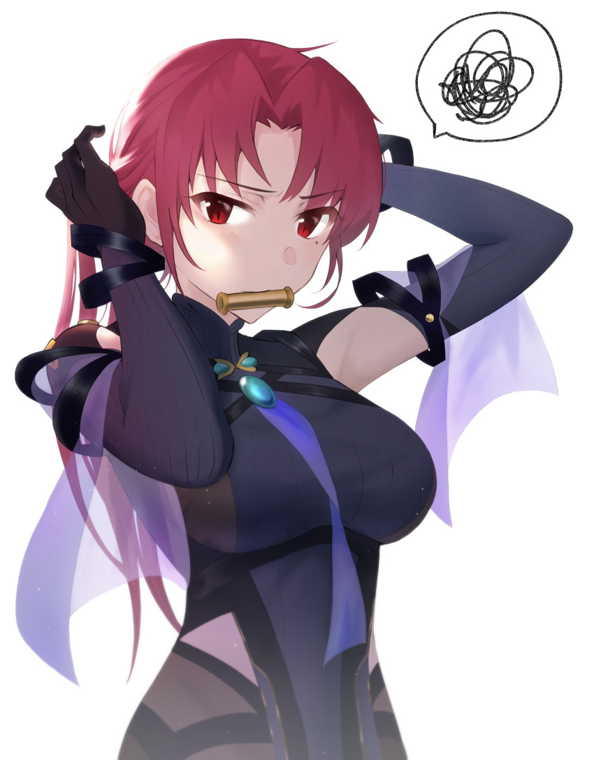 1girl, absurdres, arms_behind_head, arms_up, bangs, bazett_fraga_mcremitz, black_bodysuit, blue_molmotto