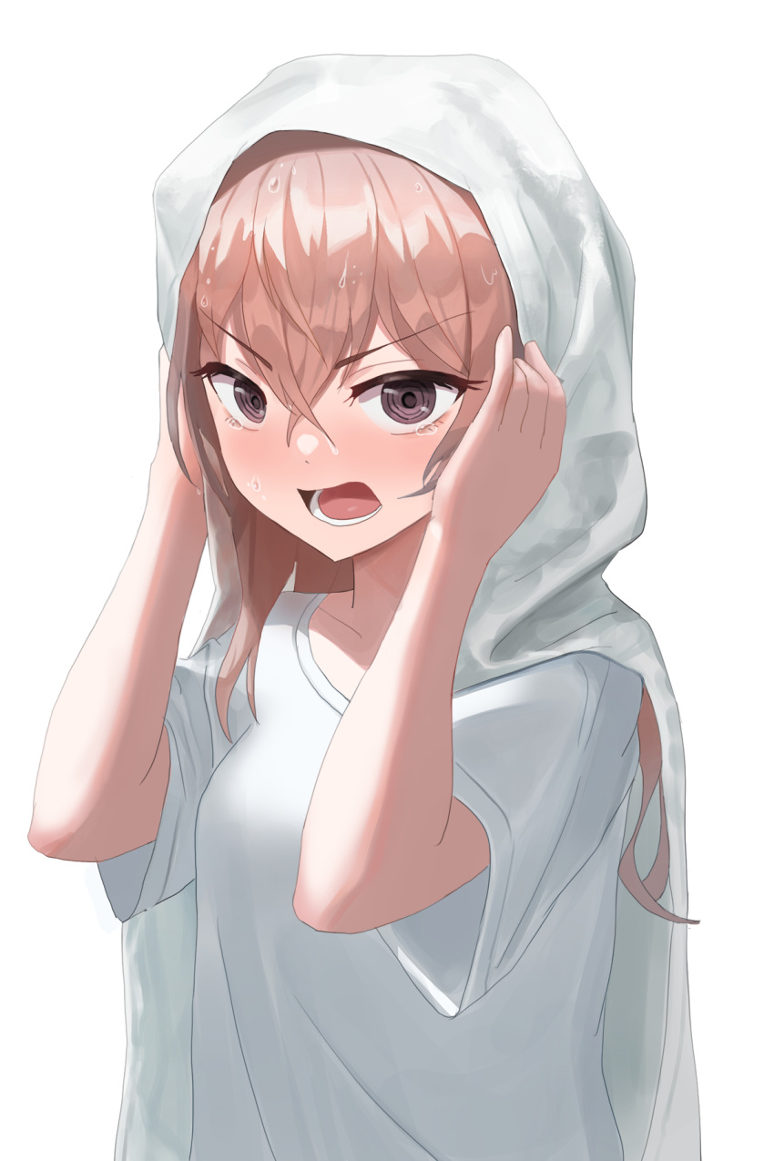 1girl, blush, breasts, collarbone, embarrassed, geomissword, hands_on_own_head, highres