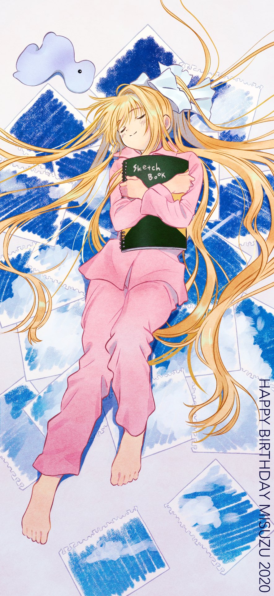 1girl, 2020, air, barefoot, blonde_hair, book, character_name, closed_mouth