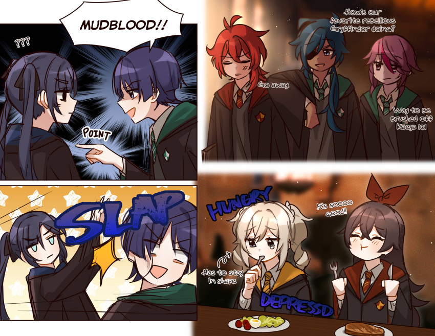 3boys, 4girls, ^_^, alternate_universe, amber_(genshin_impact), anger_vein, barbara_(genshin_impact), blonde_hair