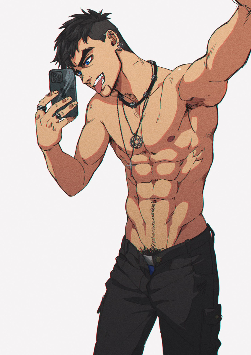 1boy, abs, armpit_hair, armpits, biceps, black_hair, blue_eyes, cellphone