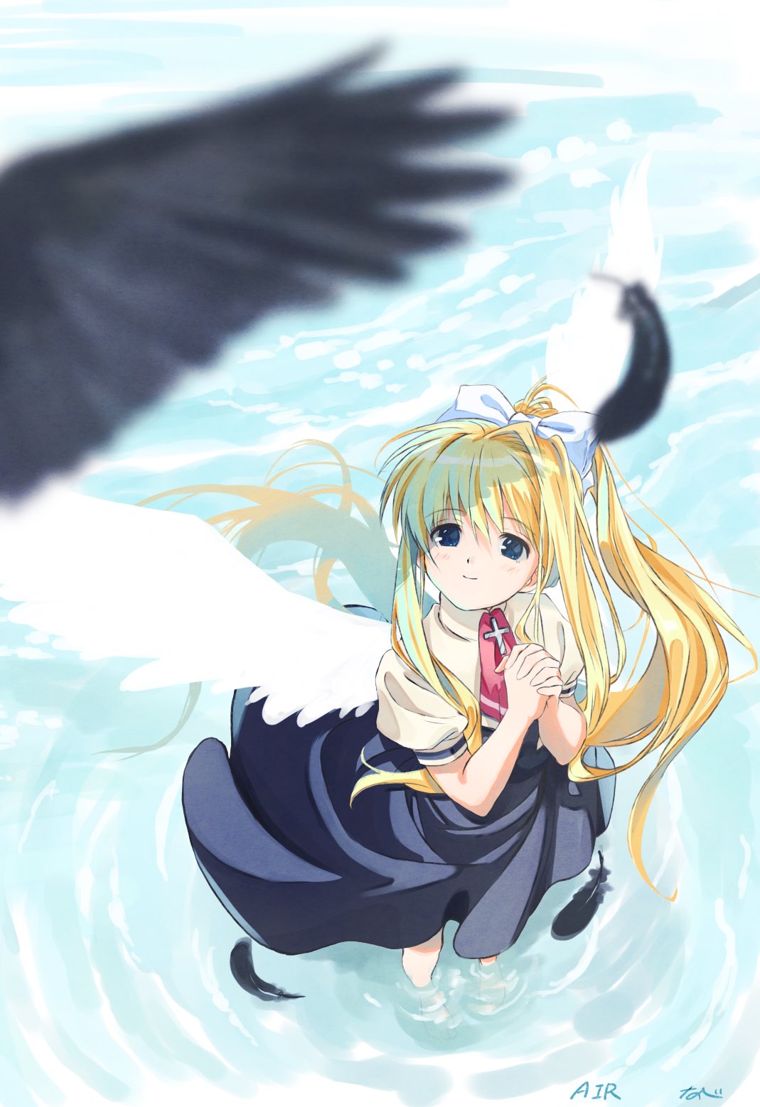 1girl, air, blonde_hair, blue_eyes, closed_mouth, copyright_name, dress, feathers