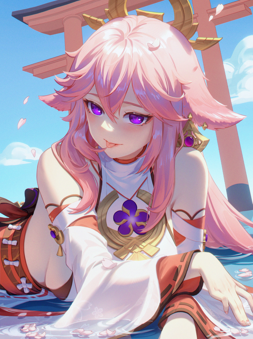 1girl, :p, absurdres, animal_ears, bare_shoulders, blue_sky, breasts, fox_ears