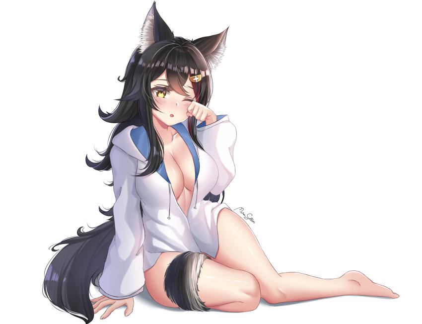 1girl, animal_ears, bare_legs, barefoot, black_hair, breasts, full_body, highres