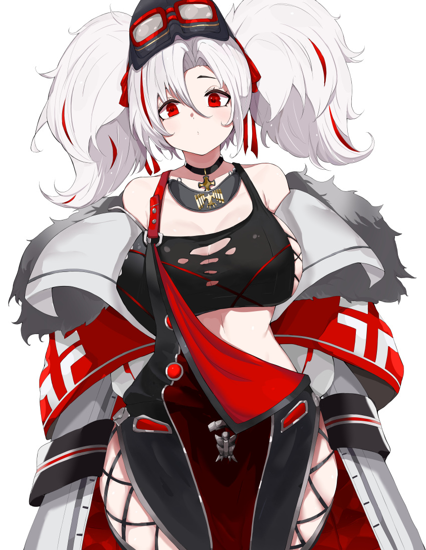 1girl, absurdres, azur_lane, bare_shoulders, black_choker, black_pants, black_shirt, breasts, choker, coat, fur-trimmed_coat, fur_trim, goggles, goggles_on_head, highres, kesseil, large_breasts, long_hair, looking_at_viewer, multicolored_hair, open_clothes, open_coat, pants, prinz_adalbert_(azur_lane), redhead, shirt, simple_background, sleeveless, sleeveless_shirt, solo, standing, streaked_hair, torn_clothes, torn_shirt, twintails, two-tone_hair, white_background, white_hair