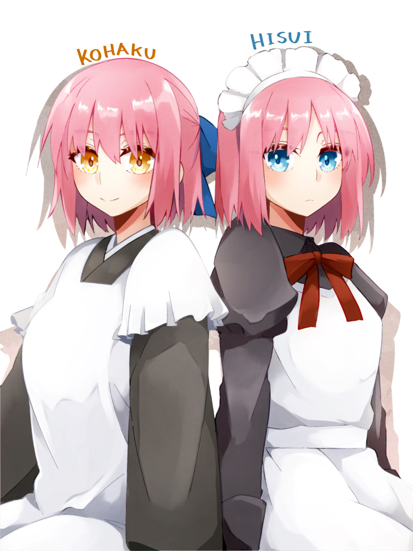2girls, absurdres, apron, bangs, black_dress, black_kimono, blue_bow, blue_eyes