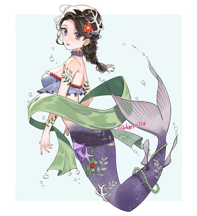 1girl, armlet, bare_shoulders, beads, black_hair, braid, braided_ponytail, coral_hair_ornament