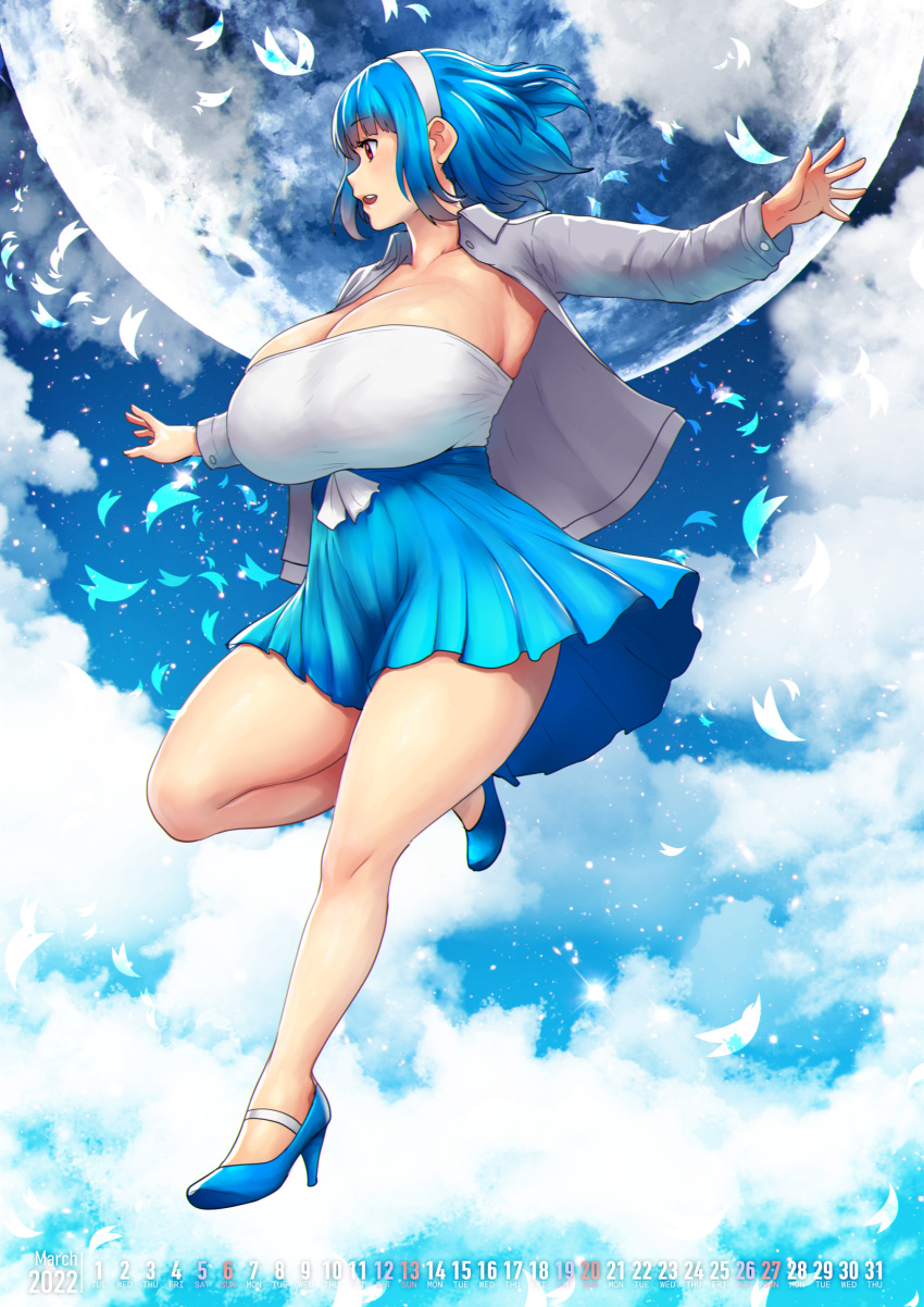 1girl, absurdres, blue_footwear, blue_hair, blue_skirt, blue_sky, breasts, calendar_(medium), clouds, cloudy_sky, collared_shirt, erkaz, full_body, grey_hairband, grey_shirt, hairband, high_heels, highres, huge_breasts, long_sleeves, medium_hair, moon, open_mouth, original, pleated_skirt, profile, rina_atherina, shirt, skirt, sky, solo, strapless