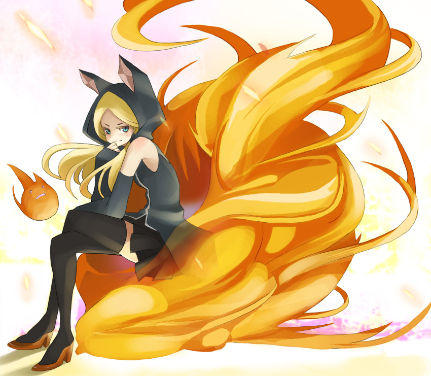 blonde_hair, blue_eyes, blush, fire, hood, long_hair, psyren, tail