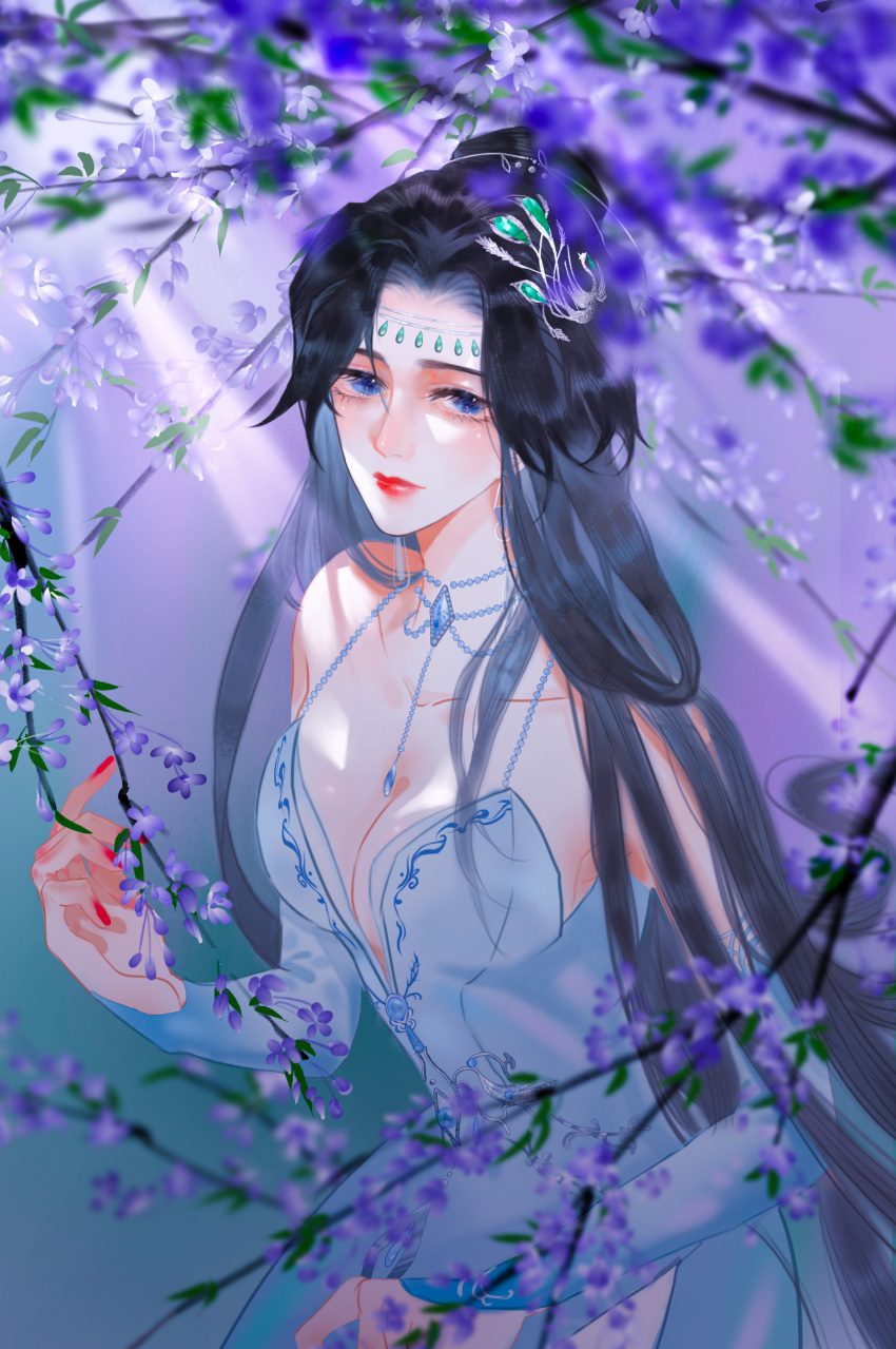1girl, absurdres, bare_shoulders, black_hair, blue_eyes, doupo_cangqiong, dress, emerald_(gemstone)