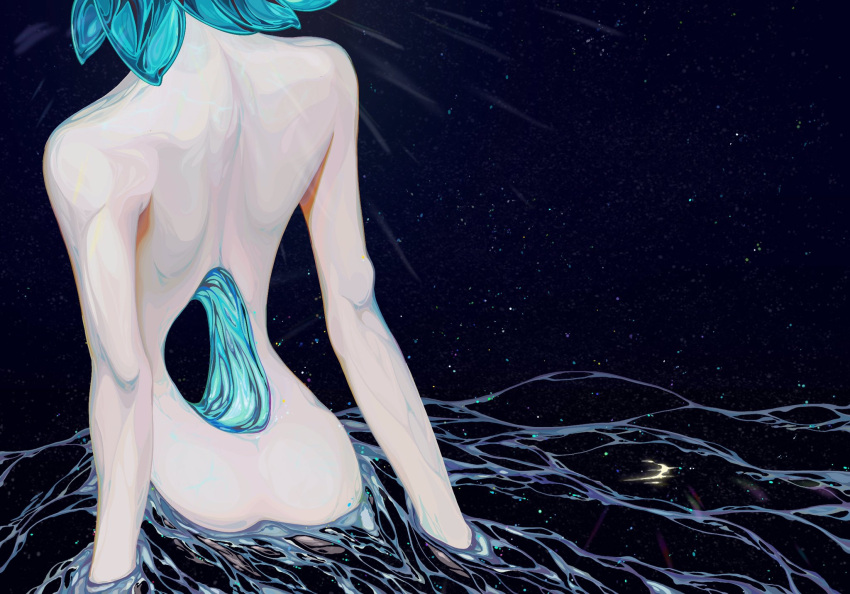 1other, aqua_hair, caustics, commentary_request, completely_nude, crystal_hair, facing_away, from_behind