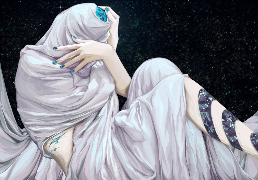 1other, aqua_hair, aqua_nails, black_background, blanket, commentary_request, covered_face, crystal