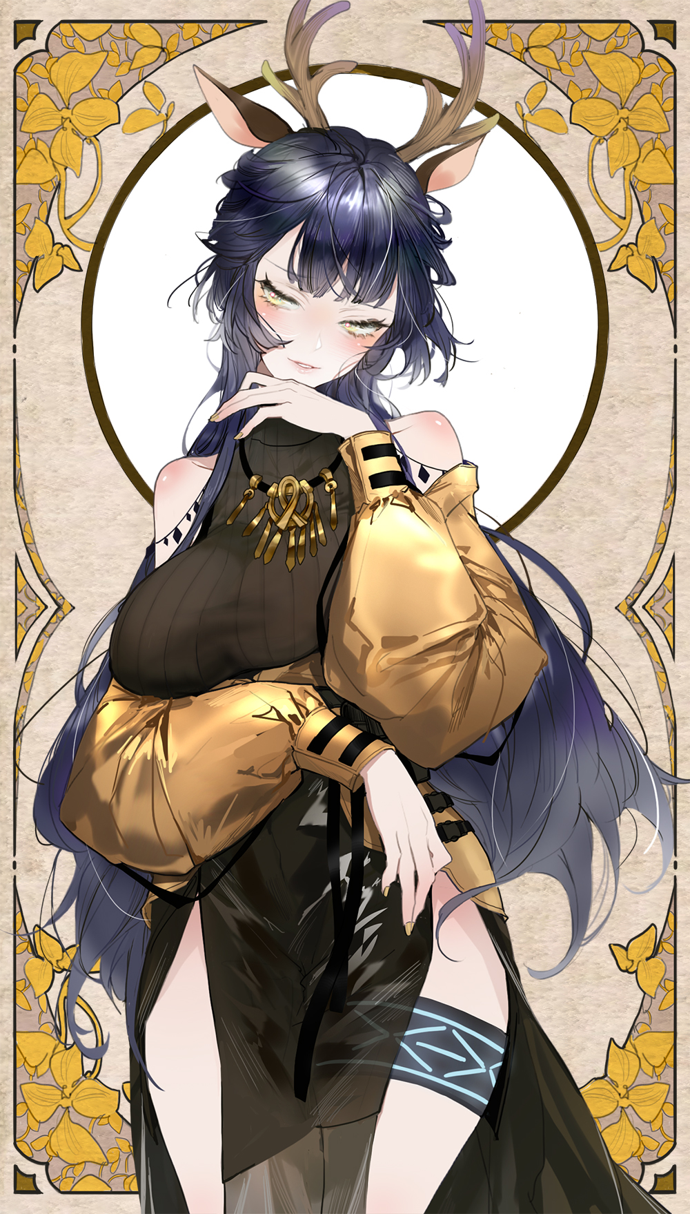 1girl, animal_ears, antlers, arknights, bangs, bare_shoulders, black_hair, blush, commentary_request, cowboy_shot, deer_antlers, deer_ears, dress, hand_up, highres, indai_(3330425), infection_monitor_(arknights), jacket, long_hair, long_sleeves, looking_at_viewer, off_shoulder, parted_lips, pelvic_curtain, ribbed_dress, sleeveless, sleeveless_dress, solo, standing, thighs, tsukinogi_(arknights), turtleneck_dress, very_long_hair, yellow_eyes, yellow_jacket