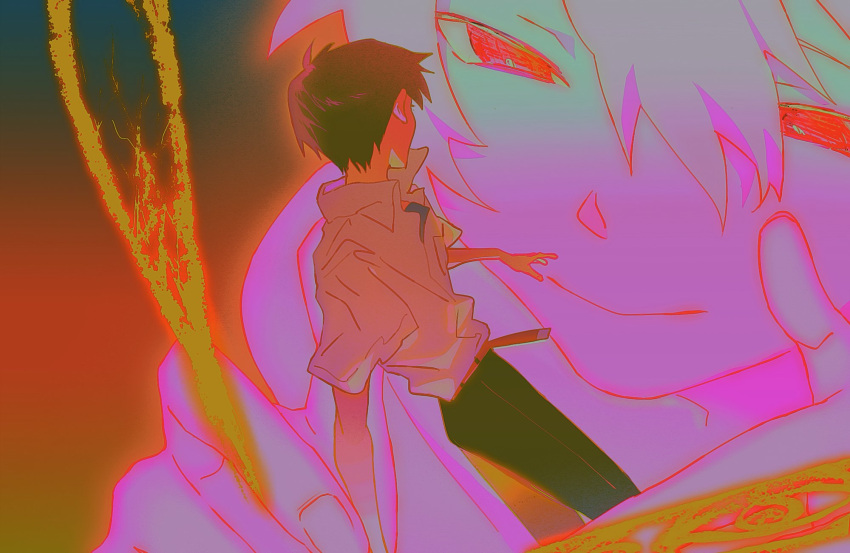 2boys, black_hair, black_pants, end_of_evangelion, fishcoooo, from_behind, giant, highres