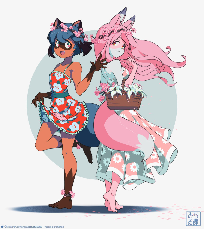 2girls, :d, alternate_costume, animal_ears, animal_nose, anklet, artist_logo, artist_name