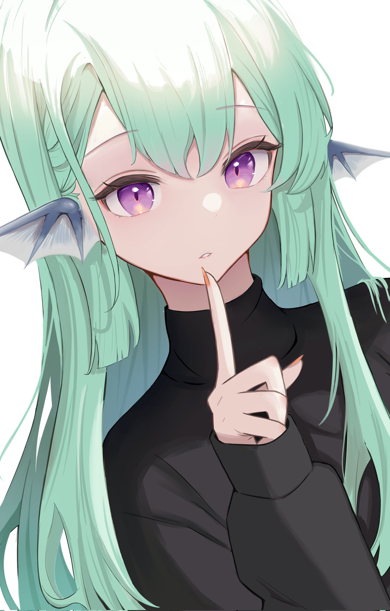 1girl, alternate_costume, bangs, black_sweater, eyebrows_visible_through_hair, finana_ryugu, green_hair, head_fins