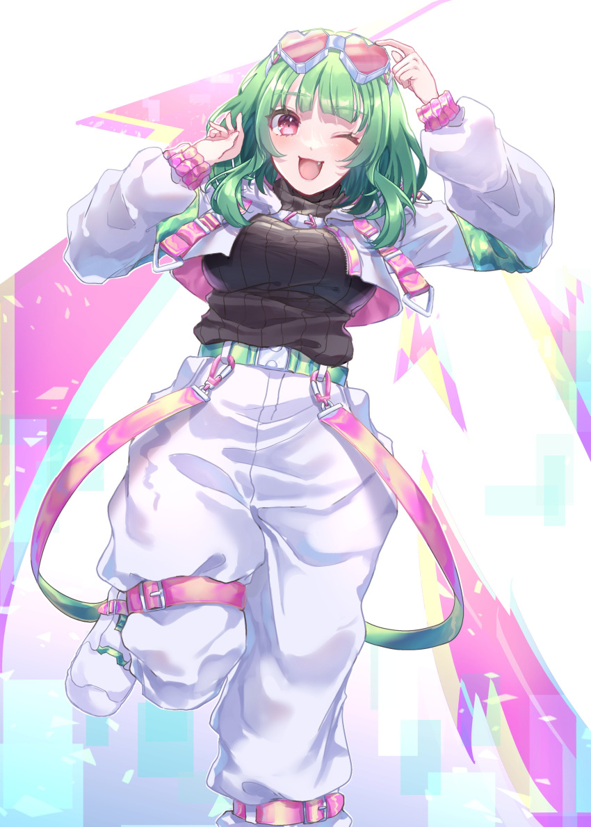 1girl, absurdres, baggy_pants, black_sweater, blush, breasts, bub_shoku, cropped_jacket, english_commentary, eyewear_on_head, fang, green_hair, heart, heart-shaped_eyewear, highres, indie_virtual_youtuber, jacket, large_breasts, looking_at_viewer, medium_hair, oh_ring, one_eye_closed, pants, pink-tinted_eyewear, pink_eyes, running_towards_viewer, second-party_source, solo, suspenders_hanging, sweater, tinted_eyewear, turtleneck, turtleneck_sweater, white-framed_eyewear, white_jacket, white_pants