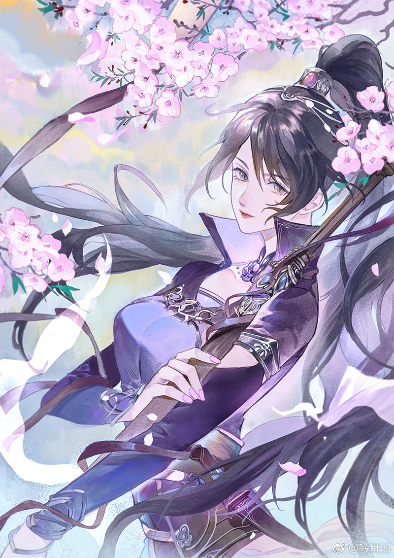1girl, black_hair, cherry_blossoms, dress, expressionless, hair_ornament, hua_jianghu_zhi_bei_mo_ting, ponytail, pose, sheath, si_kongqi_(hua_jianghu_zhi_bei_mo_ting), sword, weapon, weibo_id, yin_er_tang