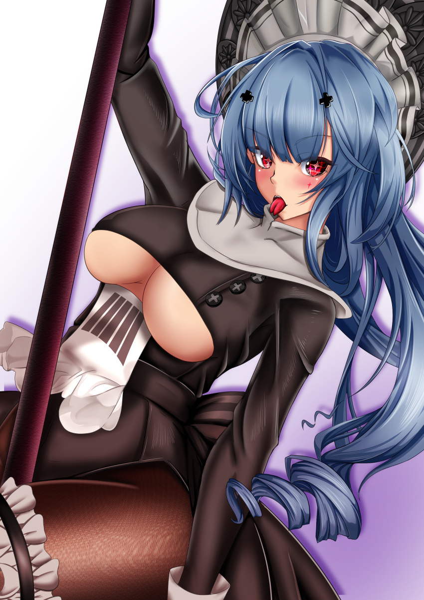 +_+, 1girl, absurdres, azur_lane, black_dress, blue_hair, breasts, brown_legwear