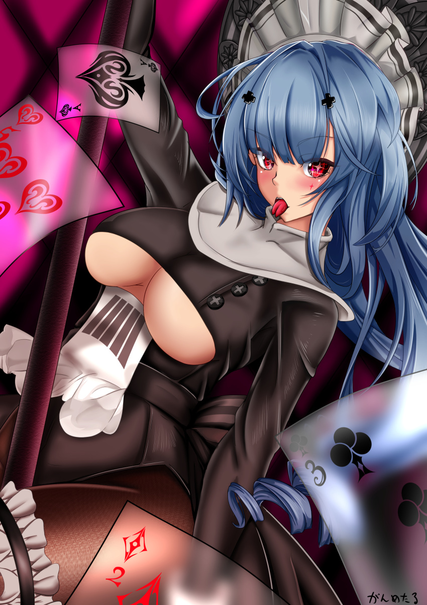 +_+, 1girl, absurdres, azur_lane, black_dress, blue_hair, breasts, brown_legwear, card, clothing_cutout, dress, forked_tongue, gan-metal, highres, holding, holding_pole, large_breasts, long_hair, looking_at_viewer, marco_polo_(azur_lane), marco_polo_(the_queen_of_hearts)_(azur_lane), official_alternate_costume, pantyhose, playing_card, pole, pole_dancing, red_eyes, solo, stripper_pole, tongue, tongue_out, under_boob, underboob_cutout, very_long_hair