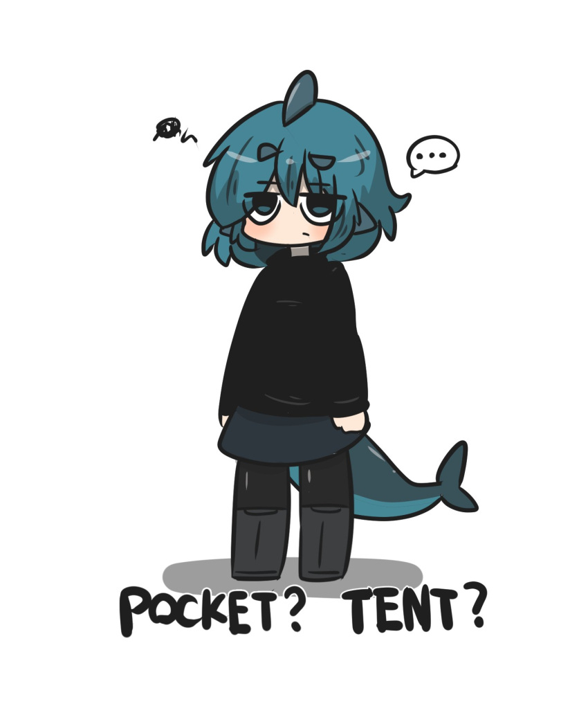 ..., 1girl, black_eyes, black_hair, black_shirt, curtain_call_challenge, english_text, fish_tail