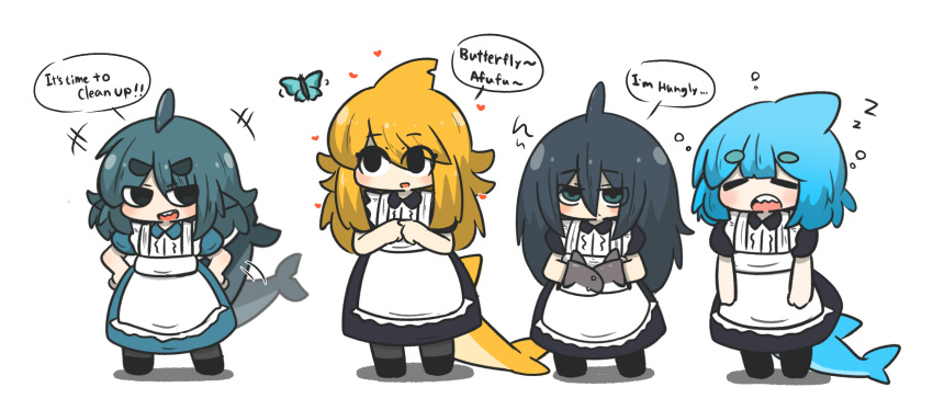 4girls, alternate_costume, apricot_(d-floe), apron, black_eyes, black_hair, blonde_hair, blue_hair