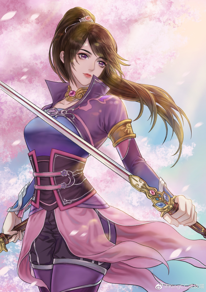 1girl, absurdres, blue_sky, dress, hair_ornament, highres, hua_jianghu_zhi_bei_mo_ting, jacket, kingcc_pipi_miao, light_rays, ponytail, sheath, si_kongqi_(hua_jianghu_zhi_bei_mo_ting), sky, sword, weapon, weibo_id