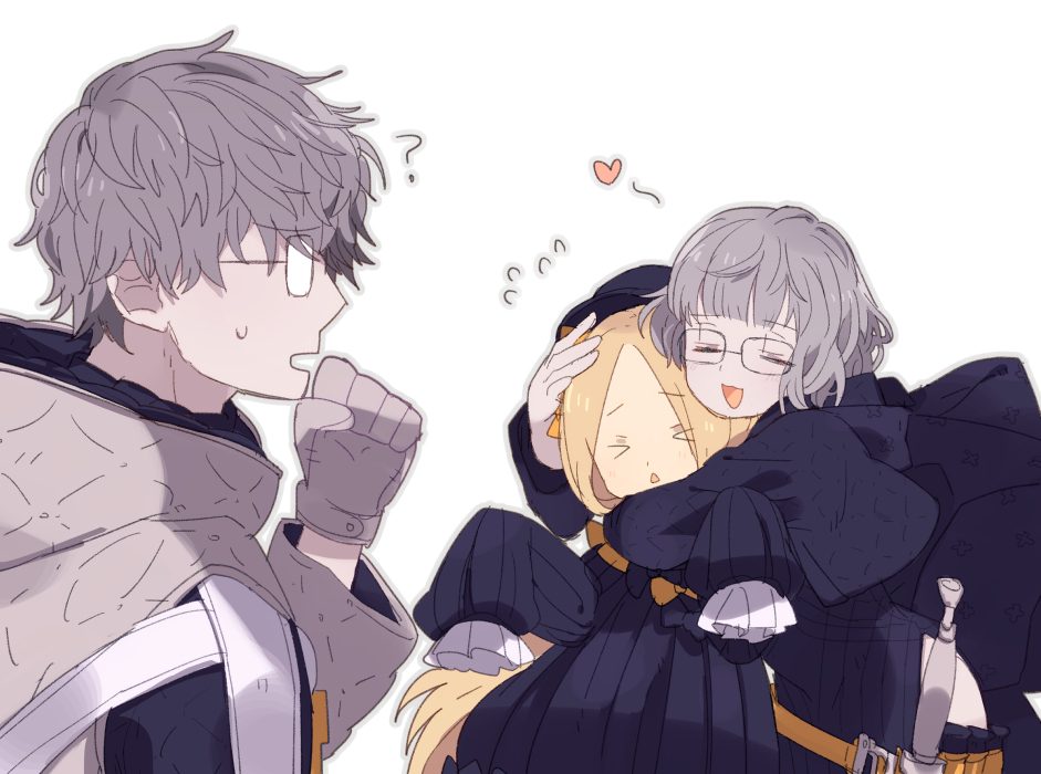 1boy, 2girls, abigail_williams_(fate), bangs, belt, black_bow, black_dress, black_headwear