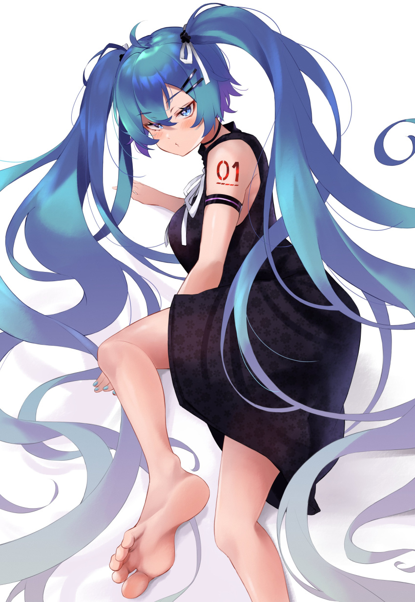 1girl, absurdres, ahoge, alternate_costume, aqua_hair, aqua_nails, barefoot, black_dress