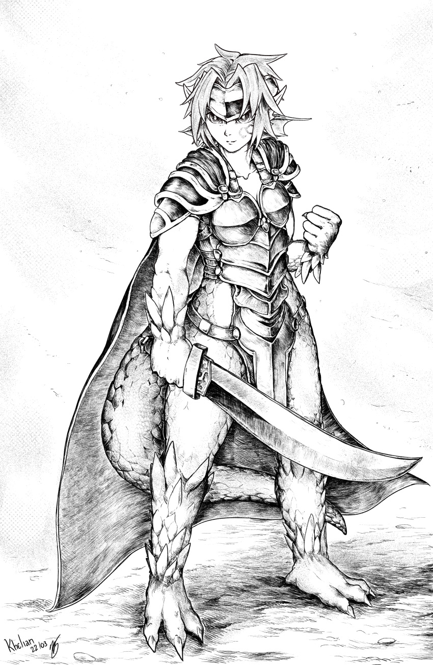 1girl, absurdres, animal_ears, armor, barefoot, breasts, dragon_girl, dragon_tail, granberia, hair_ornament, highres, khelian, mon-musu_quest!, monster_girl, muscular, muscular_female, pointy_ears, scales, short_hair, smile, solo, sword, tail, tattoo, tomboy, weapon