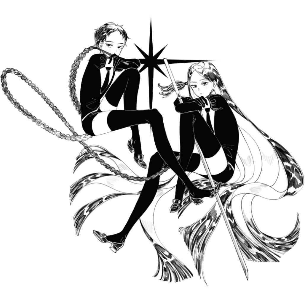 2others, absurdly_long_hair, alternate_hairstyle, arm_on_knee, arm_rest, bort, braid, braided_ponytail