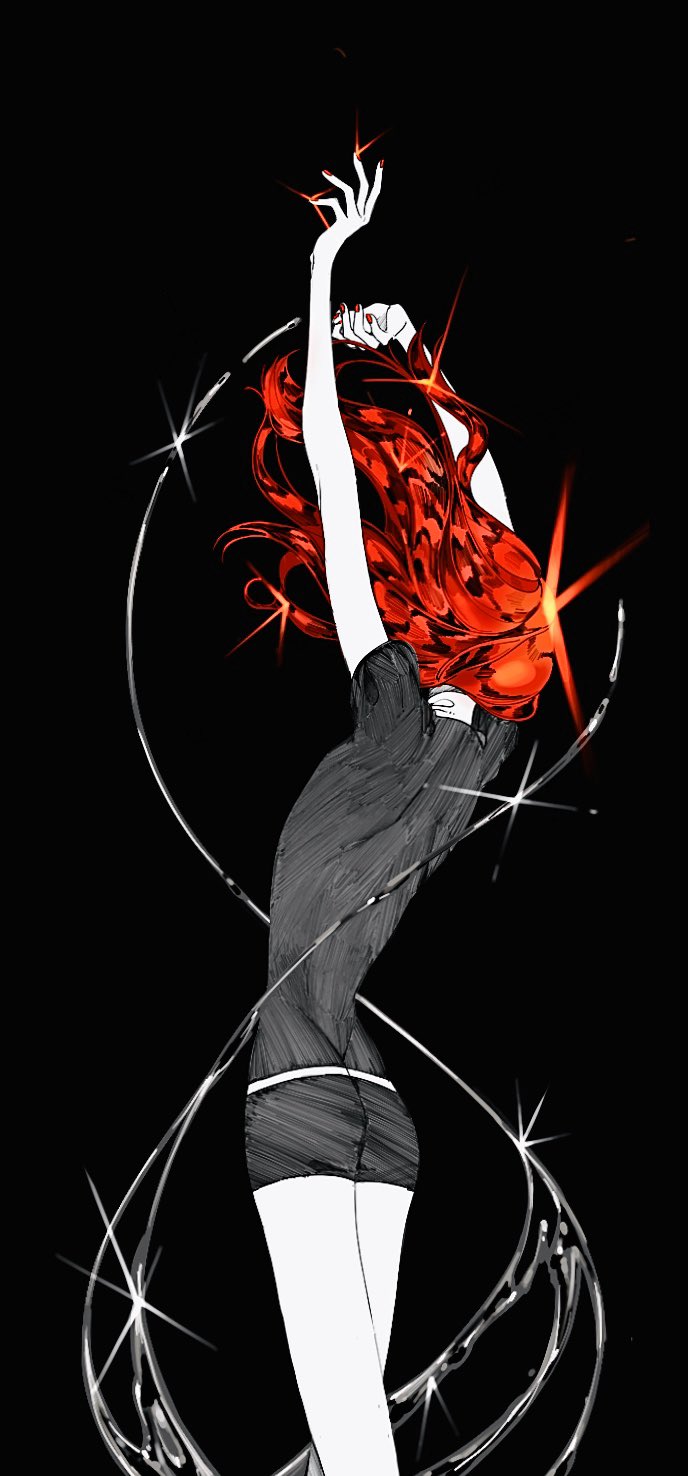 1other, black_background, cinnabar_(houseki_no_kuni), cowboy_shot, from_behind, gem_uniform_(houseki_no_kuni), highres, houseki_no_kuni, liquid, long_hair, other_focus, red_nails, redhead, shiorondo, short_sleeves, simple_background, solo, sparkle, standing
