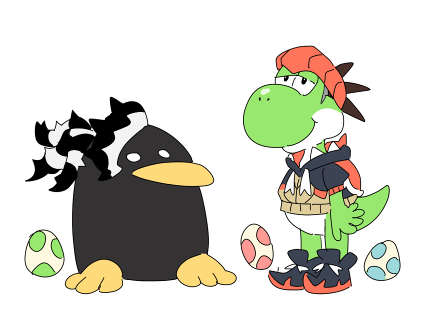 ._., 2boys, beak, black_footwear, colored_skin, cosplay, egg, green_skin