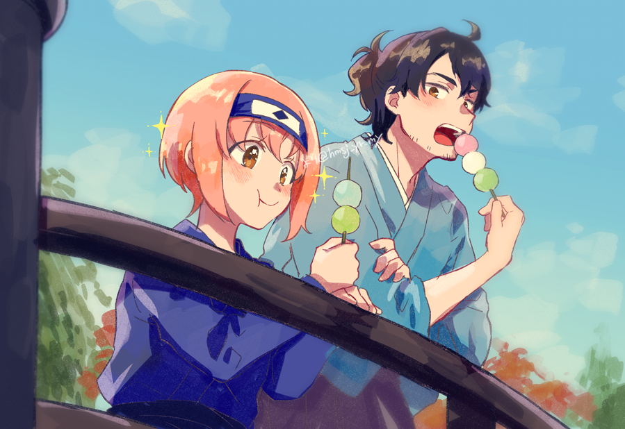 1boy, 1girl, ahoge, aragaki_jotaro, aragaki_rei, black_hair, blue_kimono, brown_eyes