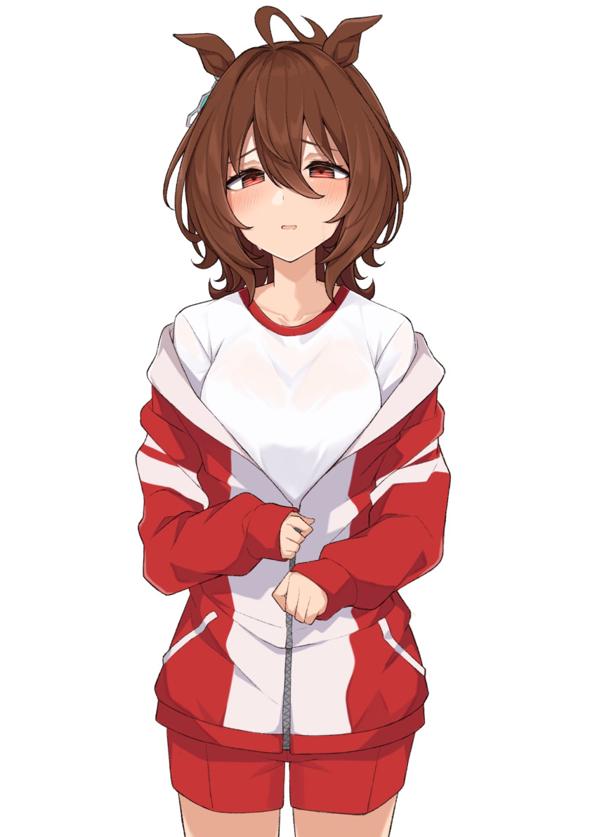 1girl, agnes_tachyon_(umamusume), ahoge, alternate_costume, animal_ears, bangs, blush, brown_hair, chemical_structure, collarbone, earrings, hair_between_eyes, highres, horse_ears, horse_girl, jacket, jewelry, long_sleeves, medium_hair, naga_furo_imoni, official_alternate_costume, parted_lips, red_eyes, shirt, shorts, single_earring, solo, sweat, track_jacket, track_suit, umamusume, wet, wet_clothes, wet_shirt, white_shirt